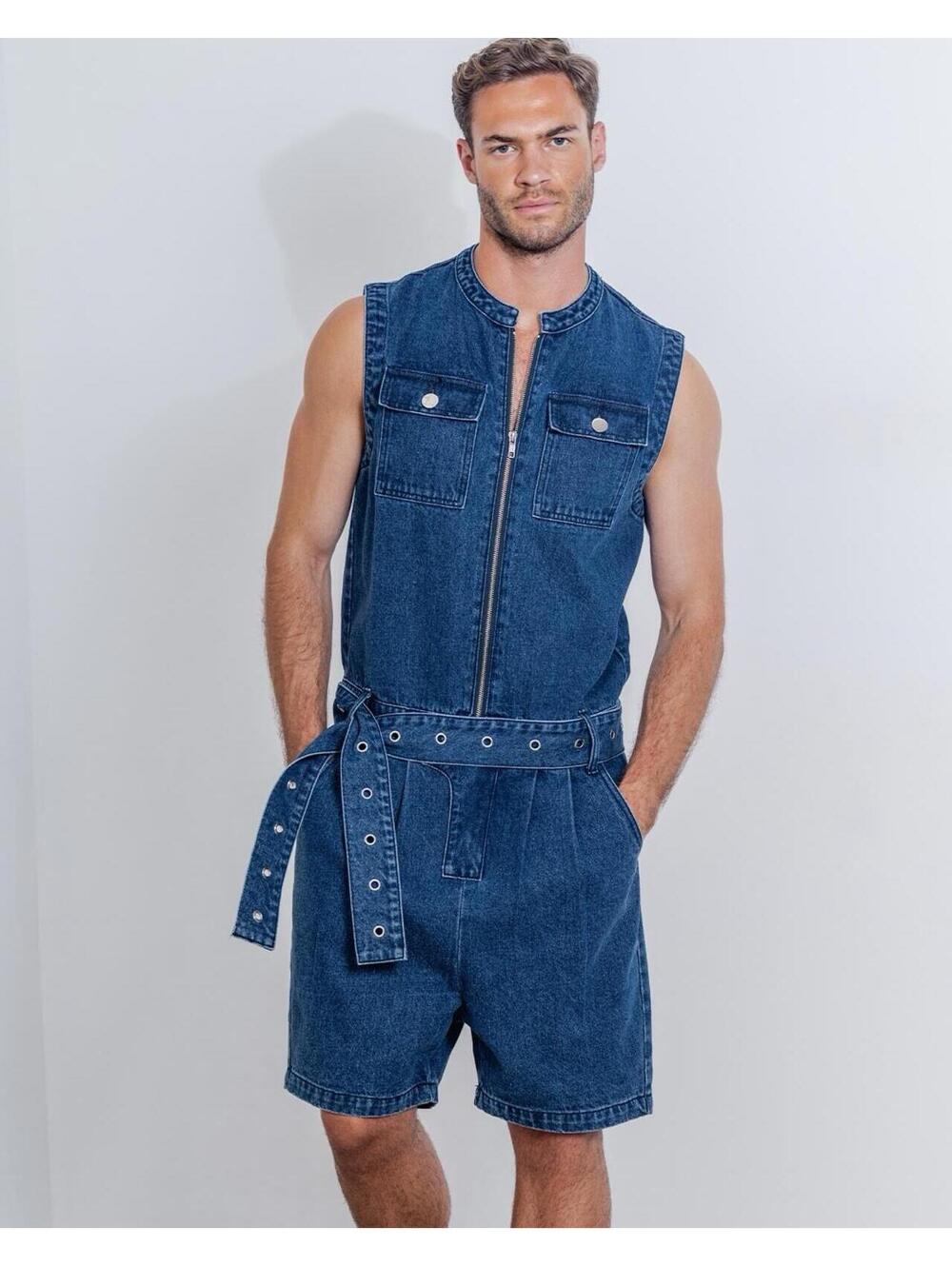 ORTTU Denim One Piece Front Zip Mens Romper (NO BELT) XS